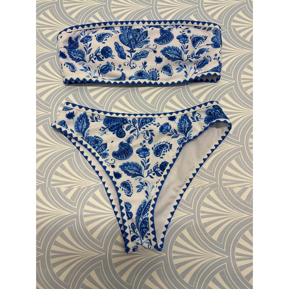 New Blue floral leaves high waisted women bikini two pieces swimsuit & skirt M - Picture 5 of 9